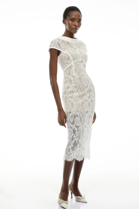 Chantal White Round Neck Floral Lace Midi Dress