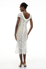 Chantal White Round Neck Floral Lace Midi Dress
