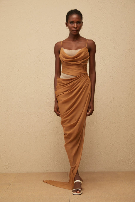 Charisa Khaki Draped Chiffon Maxi Dress