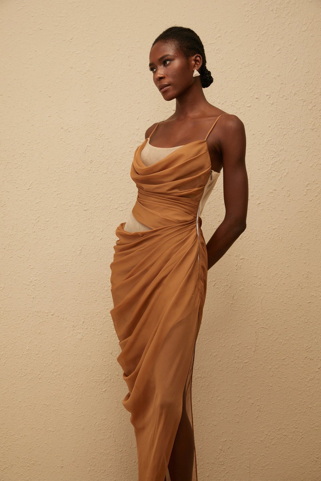 Charisa Khaki Draped Chiffon Maxi Dress