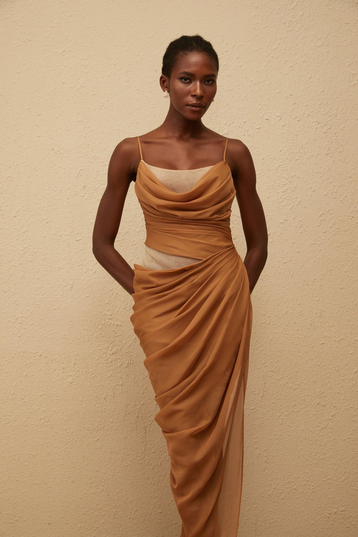 Charisa Khaki Draped Chiffon Maxi Dress