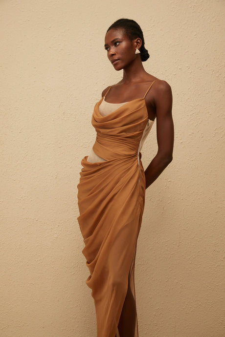 Charisa Khaki Draped Chiffon Maxi Dress