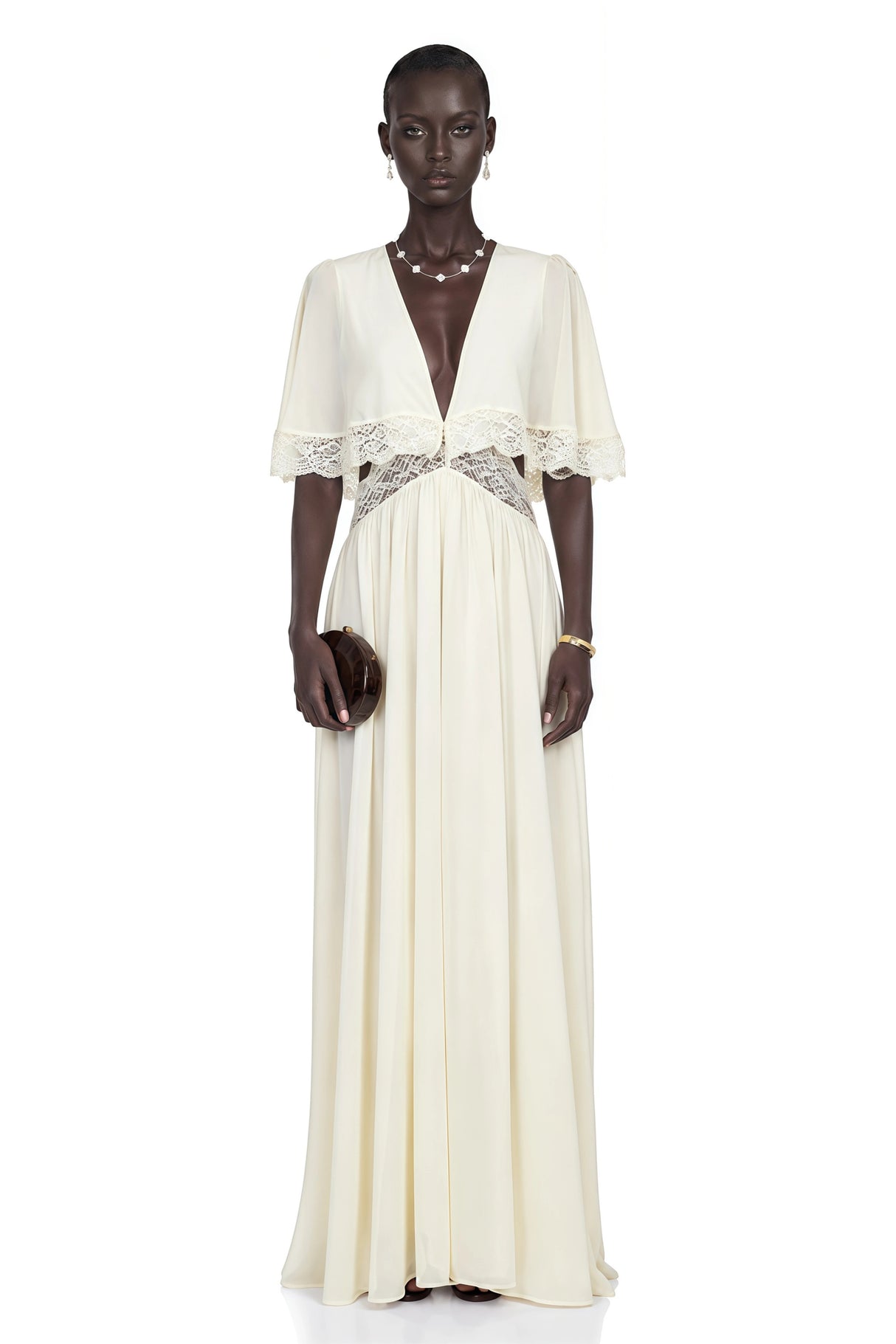 Charissa White Cape Sleeve Maxi Dress with Lace Trim