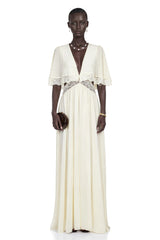 Charissa White Cape Sleeve Maxi Dress with Lace Trim
