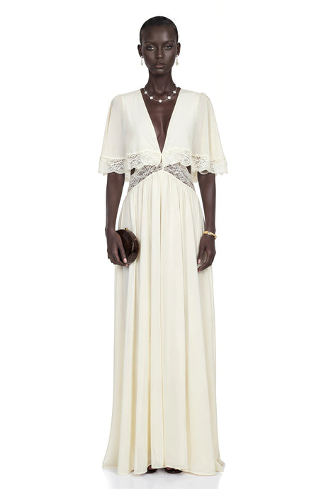 Charissa White Cape Sleeve Maxi Dress with Lace Trim