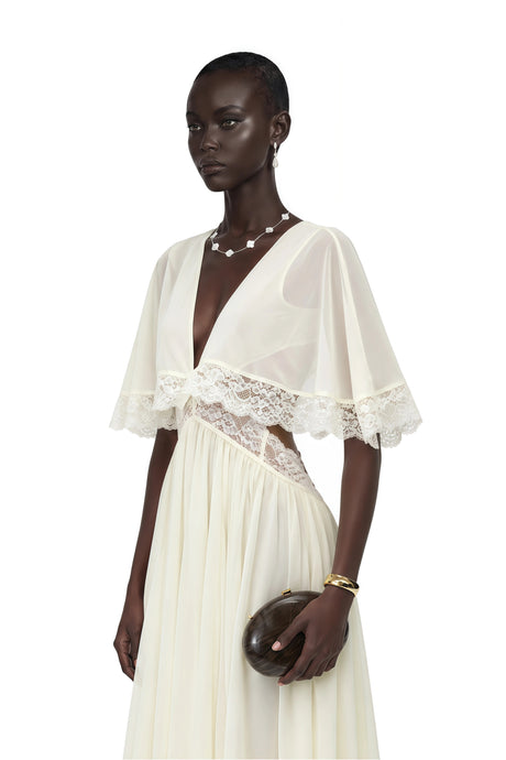 Charissa White Cape Sleeve Maxi Dress with Lace Trim