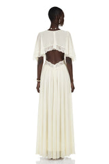 Charissa White Cape Sleeve Maxi Dress with Lace Trim