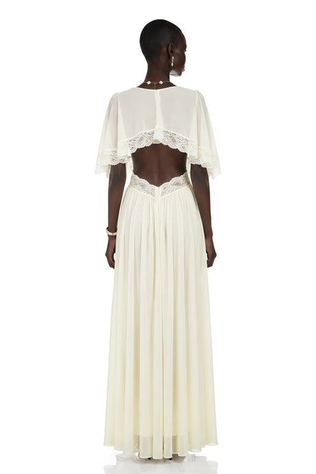 Charissa White Cape Sleeve Maxi Dress with Lace Trim
