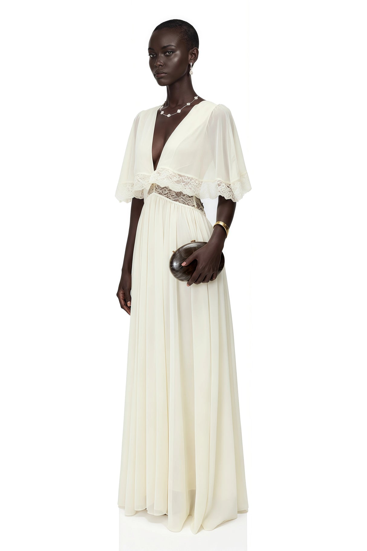 Charissa White Cape Sleeve Maxi Dress with Lace Trim