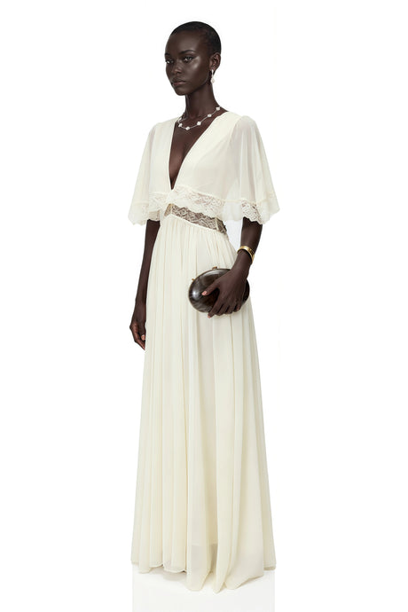 Charissa White Cape Sleeve Maxi Dress with Lace Trim