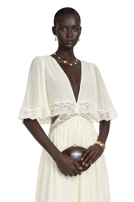 Charissa White Cape Sleeve Maxi Dress with Lace Trim
