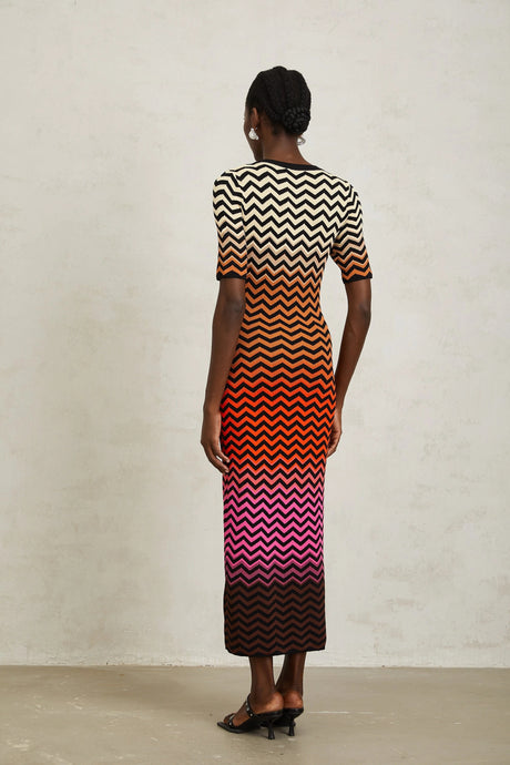 Charitina Brown Gradient Zigzag Knit Midi Dress