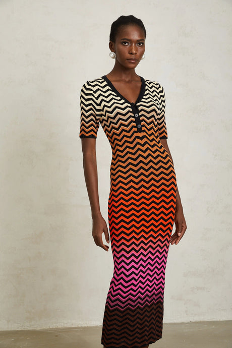 Charitina Brown Gradient Zigzag Knit Midi Dress