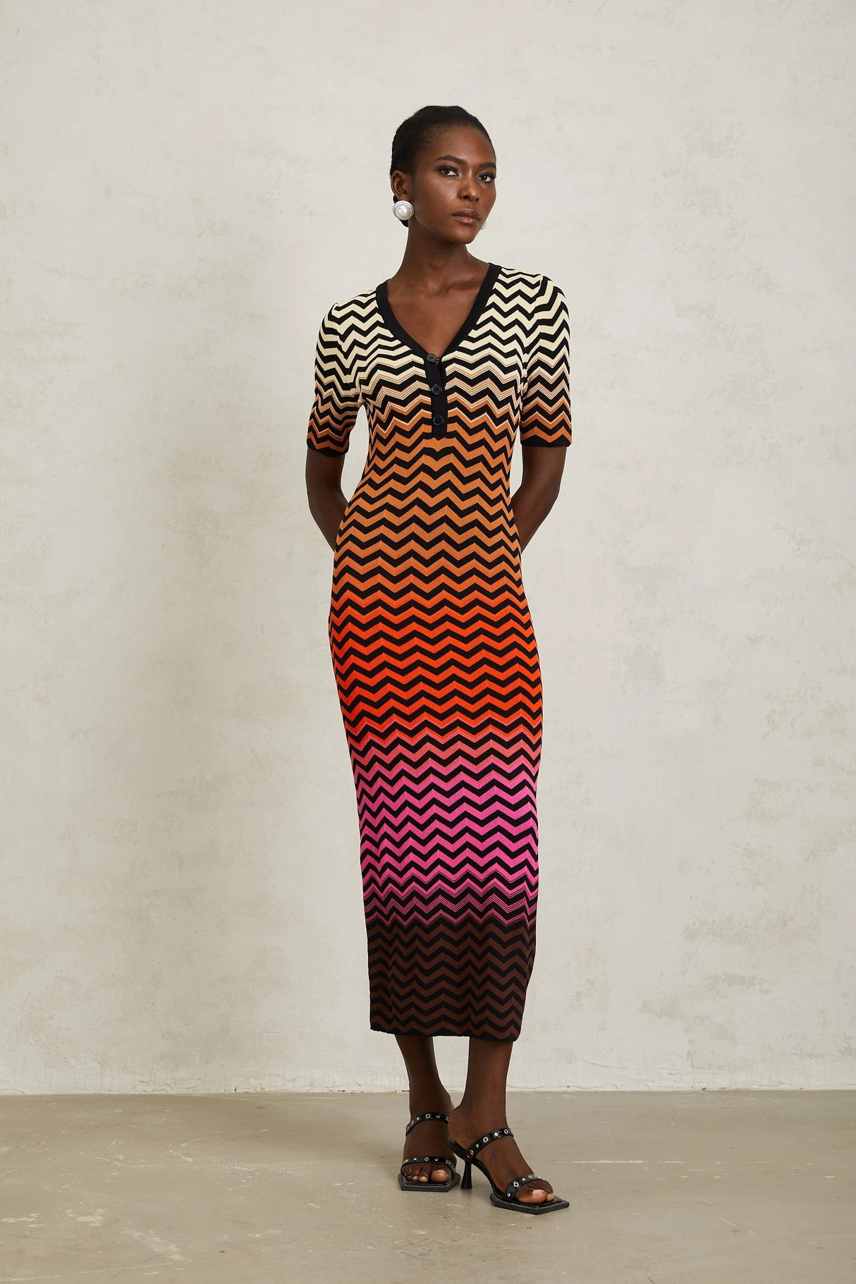 Charitina Brown Gradient Zigzag Knit Midi Dress