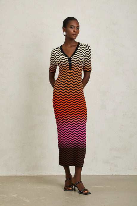 Charitina Brown Gradient Zigzag Knit Midi Dress