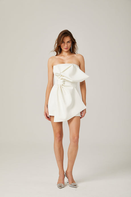 Charla white oversizebow asymmetric mini dress
