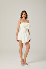 Charla white oversizebow asymmetric mini dress