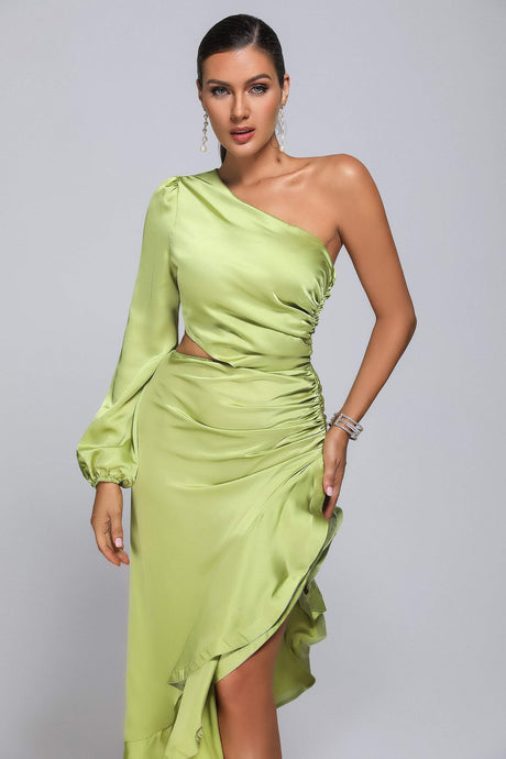 Charleigh Green One-Shoulder Satin Maxi Dress with Ruffled Hemline