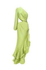 Charleigh Green Satin One-Shoulder Maxi Dress with Ruffled Hemline