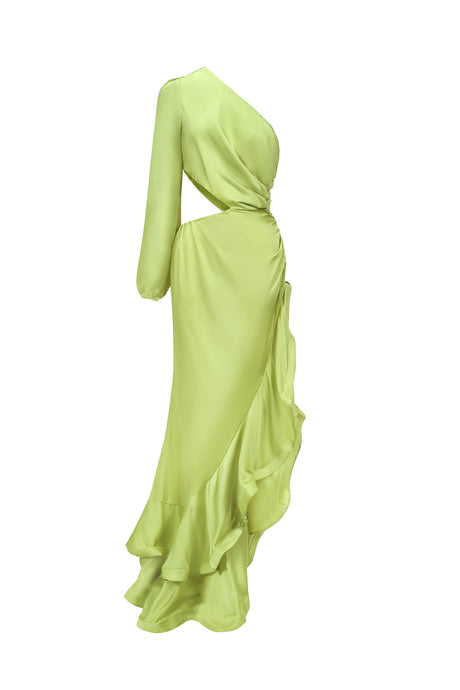 Charleigh Green Satin One-Shoulder Maxi Dress with Ruffled Hemline