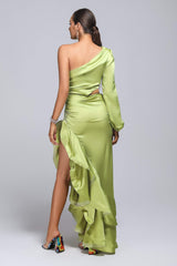 Charleigh Green Satin One-Shoulder Maxi Dress with Ruffled Hemline