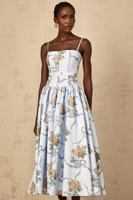 Charleigh Midi Dress Blue Floral Print Square Neck Sleeveless Slit