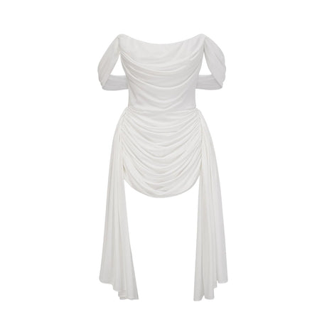 Charleigh Mini Dress White Ribbon Ruched Layered