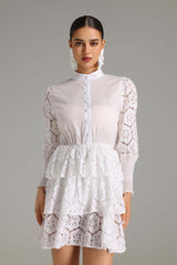 Charleigh White Lace Layered Dress with Button-Up Neckline and Ruffled Hem