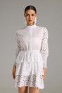 Charleigh White Lace Layered Dress with Button-Up Neckline and Ruffled Hem