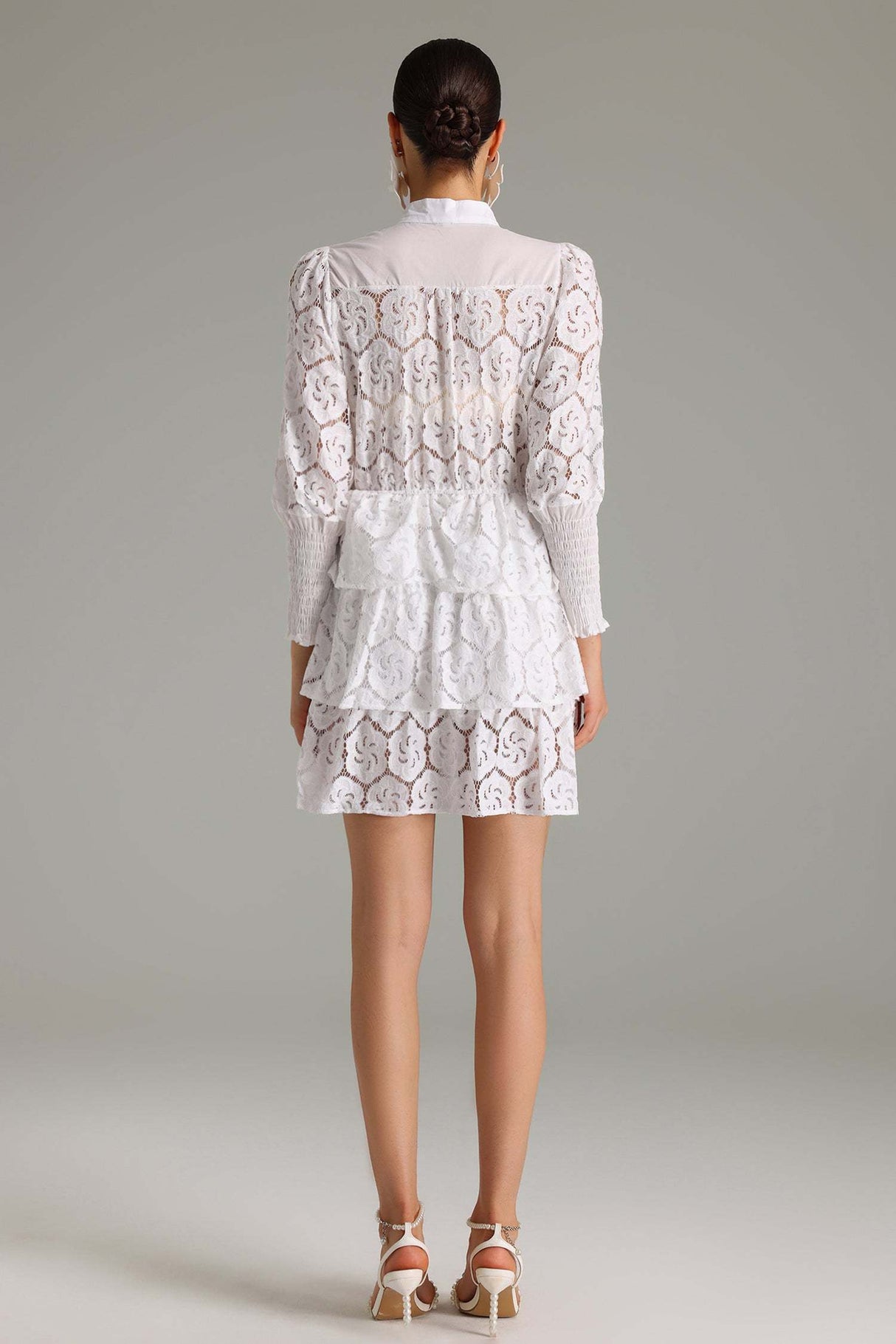 Charleigh White Lace Layered Dress with Button-Up Neckline and Ruffled Hem