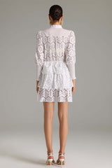 Charleigh White Lace Layered Dress with Button-Up Neckline and Ruffled Hem