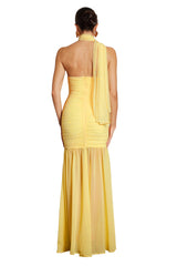 Charleigh Yellow Ruched Mesh Detail Maxi Dress
