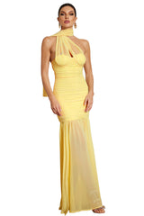 Charleigh Yellow Ruched Mesh Maxi Dress