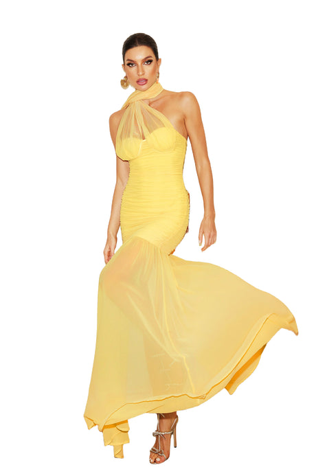 Charleigh Yellow Ruched Mesh Maxi Dress