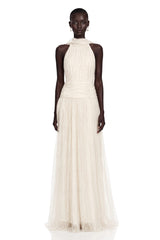 Charlotte Ivory Halterneck Lace Maxi Dress with Cape