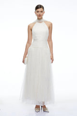 Charlotte Ivory Halterneck Lace Maxi Dress with Cape