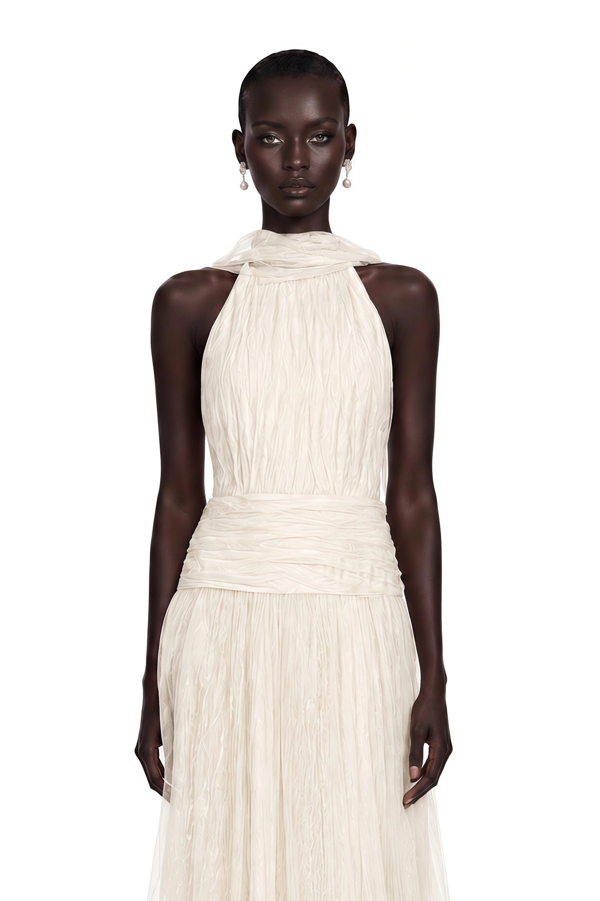 Charlotte Ivory Halterneck Lace Maxi Dress with Cape