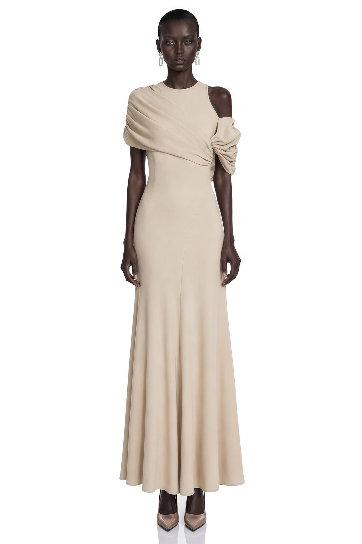 Charlotte Khaki Draped Asymmetrical Maxi Dress