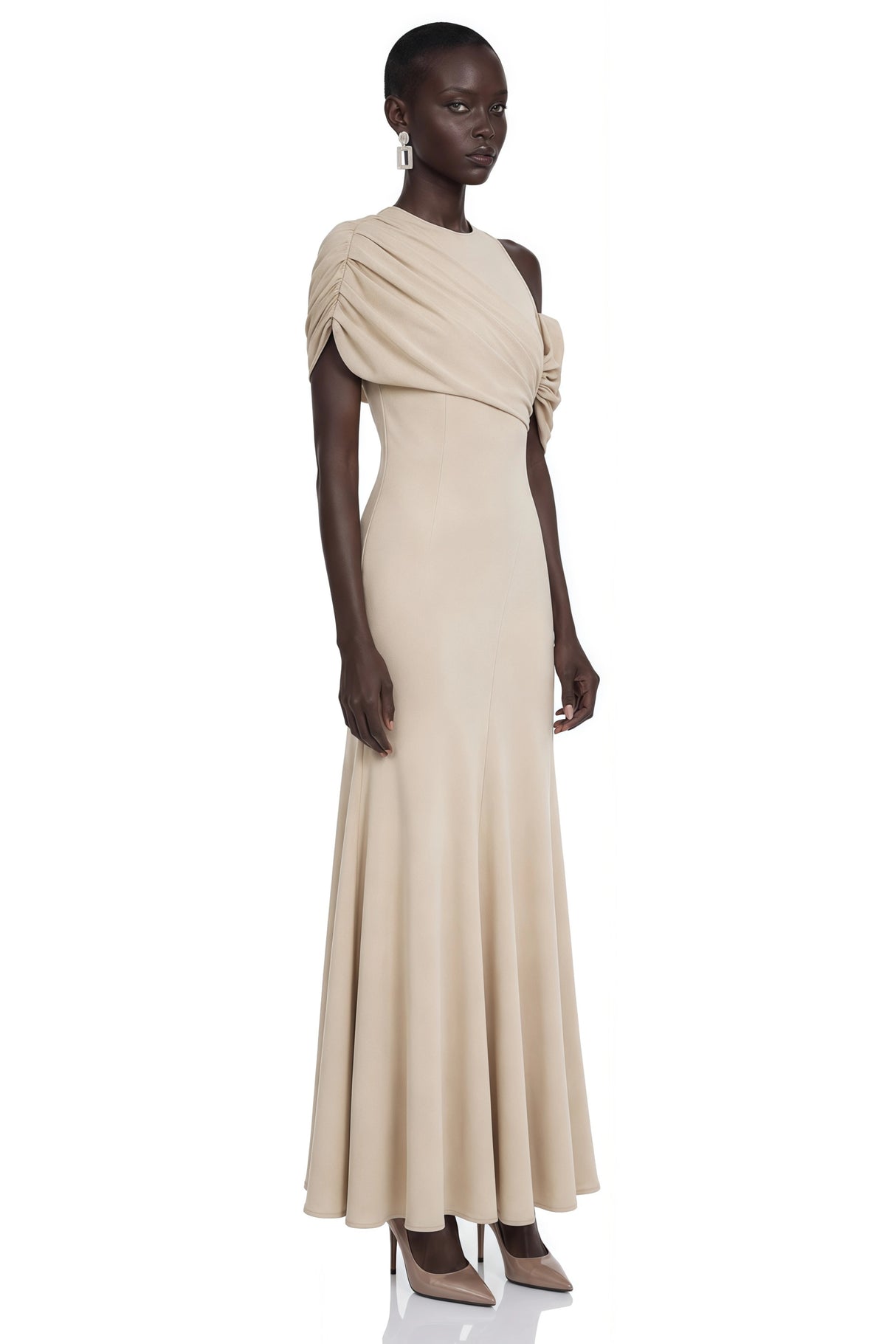 Charlotte Khaki Draped Asymmetrical Maxi Dress