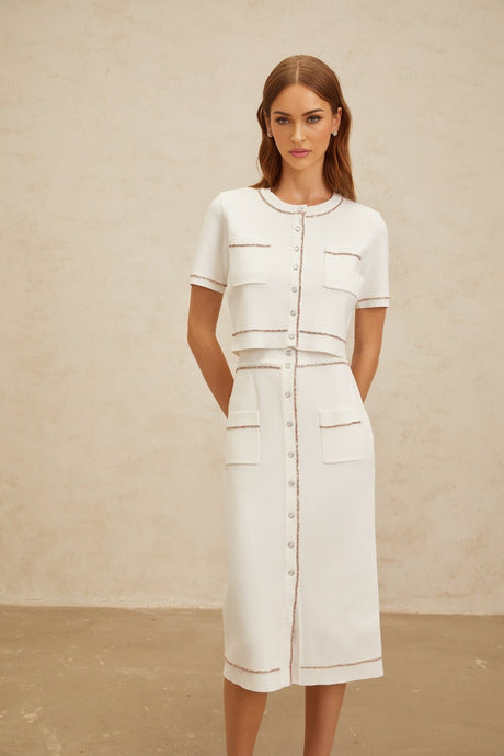 Charlotte Knit Top & Skirt - Crystal Embellishment - Patch Pockets - Ribbed Hem - Press - Stud Fastening