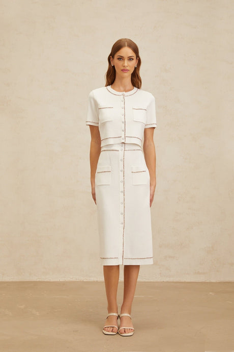 Charlotte Knit Top & Skirt - Crystal Embellishment - Patch Pockets - Ribbed Hem - Press - Stud Fastening