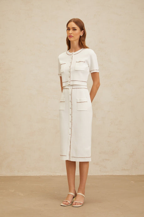 Charlotte Knit Top & Skirt - Crystal Embellishment - Patch Pockets - Ribbed Hem - Press - Stud Fastening