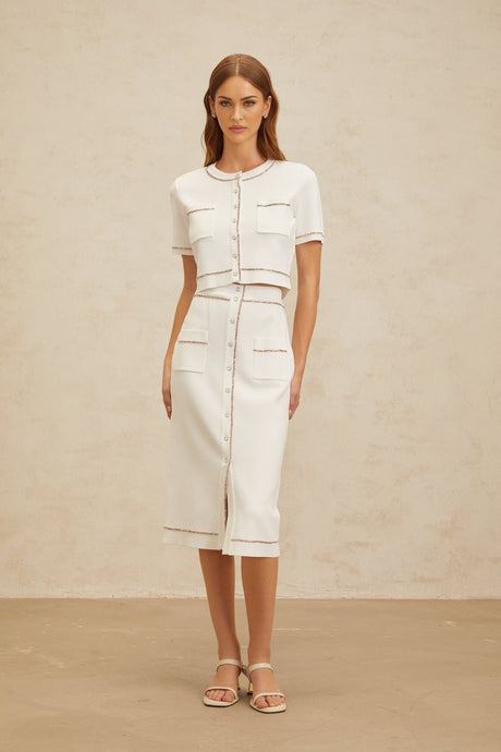 Charlotte Knit Top & Skirt - Crystal Embellishment - Patch Pockets - Ribbed Hem - Press - Stud Fastening