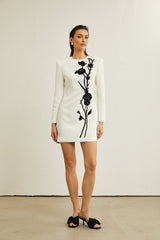 Charlotte Mini Dress - Long Sleeve - Faux - Flower & Sequin Detailing - Crystal Embellishment