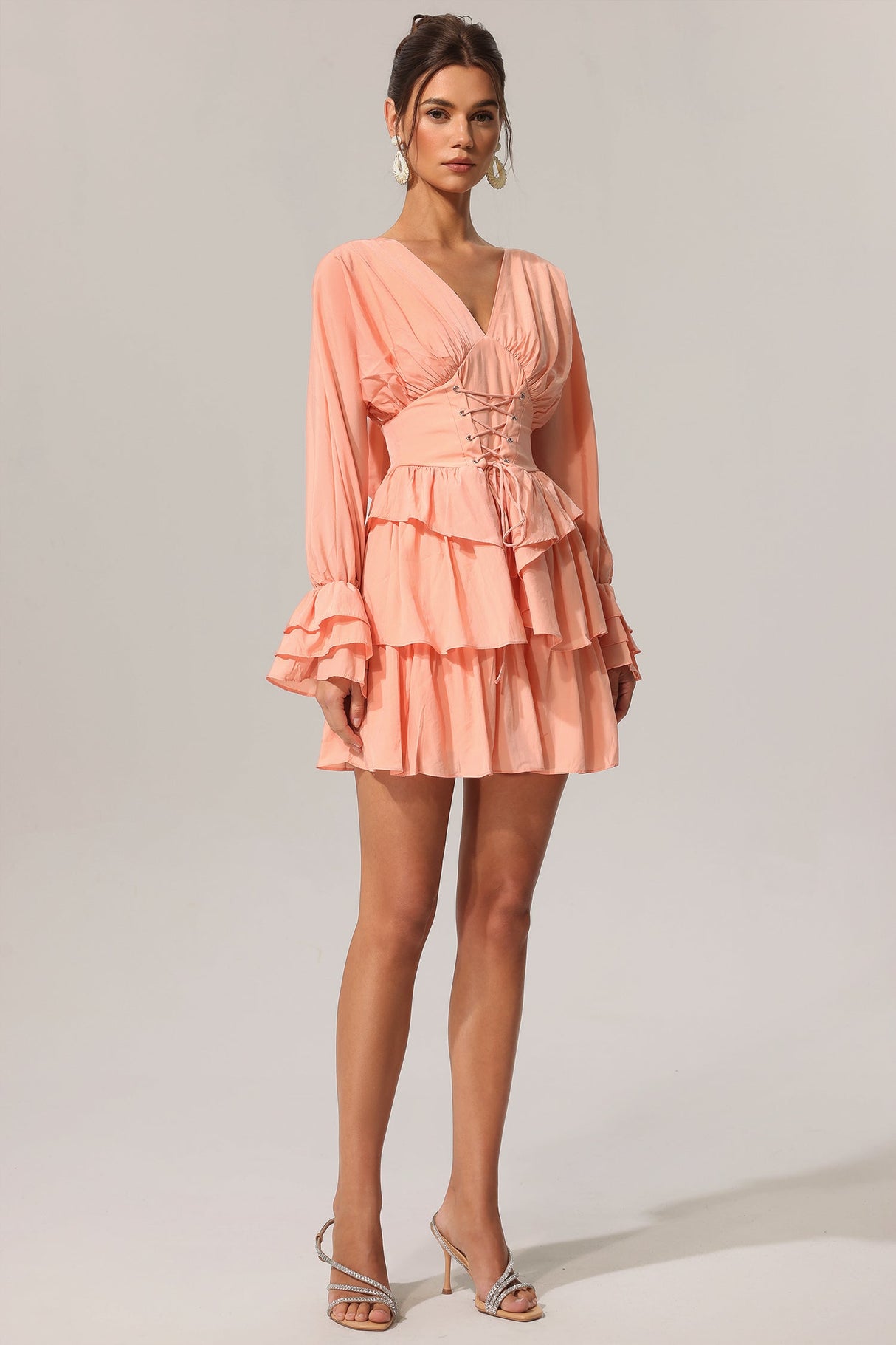 Charlotte Peach Flowing Silhouette V-Neckline Dress Lightweight Material Flared Sleeves Cinched Waist