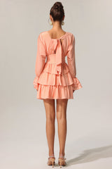 Charlotte Peach Flowing Silhouette V-Neckline Layered Folds Flared Sleeves Cinched Waist Dress