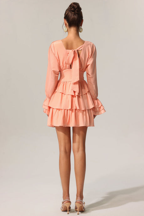 Charlotte Peach Flowing Silhouette V-Neckline Layered Folds Flared Sleeves Cinched Waist Dress