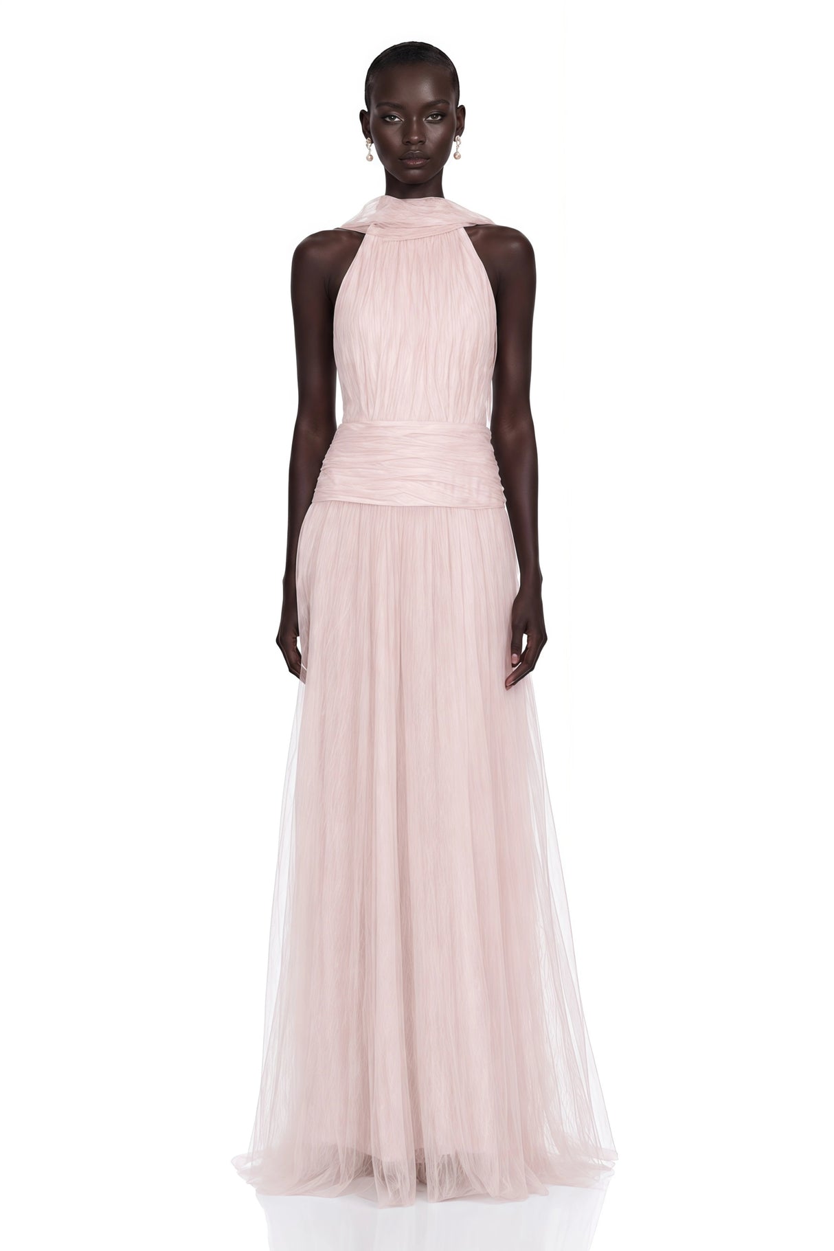 Charlotte Pink Halterneck Lace Maxi Dress with Cape