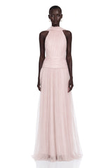 Charlotte Pink Halterneck Lace Maxi Dress with Cape
