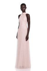 Charlotte Pink Halterneck Lace Maxi Dress with Cape